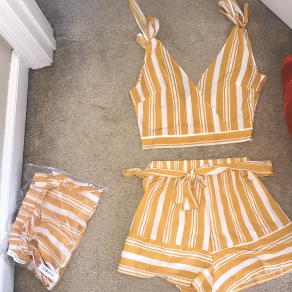 yellow and white striped two piece set